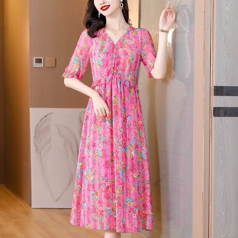 Summer Magnanimous Mulberry Silk V-Neck Dress