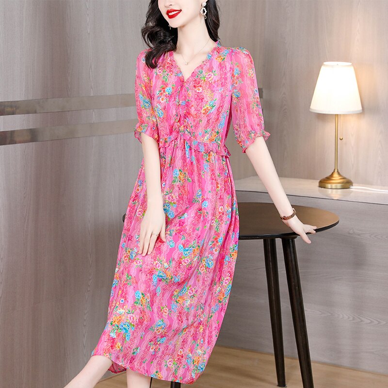 Summer Magnanimous Mulberry Silk V-Neck Dress