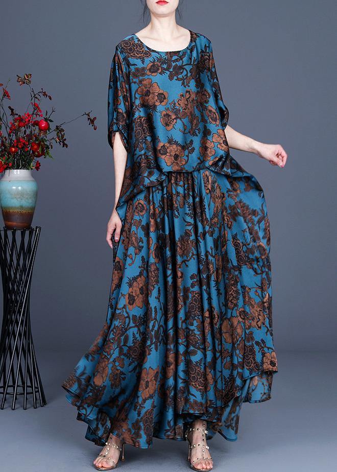 Silk floral irregular dress blue - Omychic