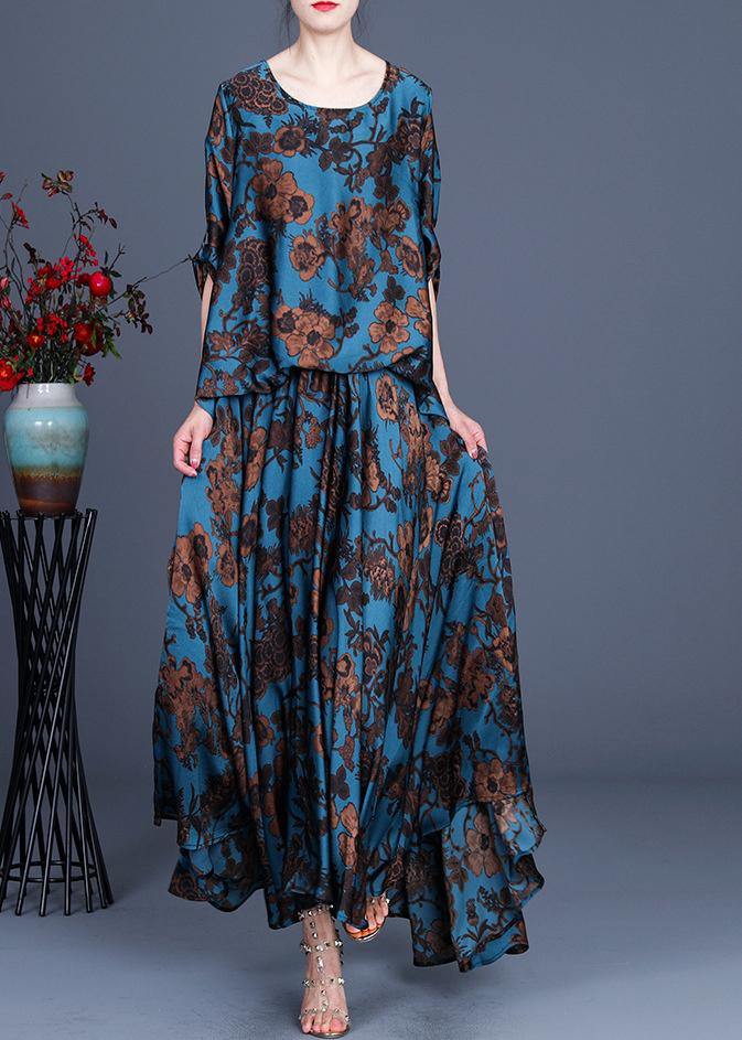 Silk floral irregular dress blue - Omychic