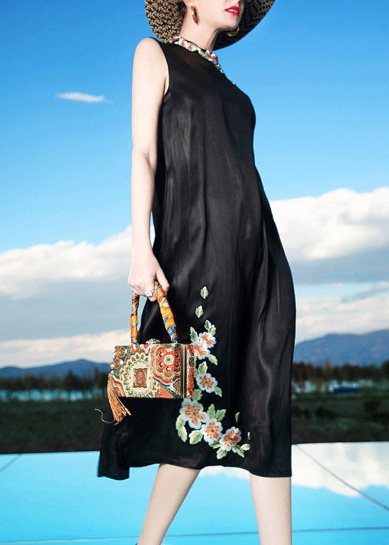 Simple Black O-Neck Embroideried Silk Long Dress Summer