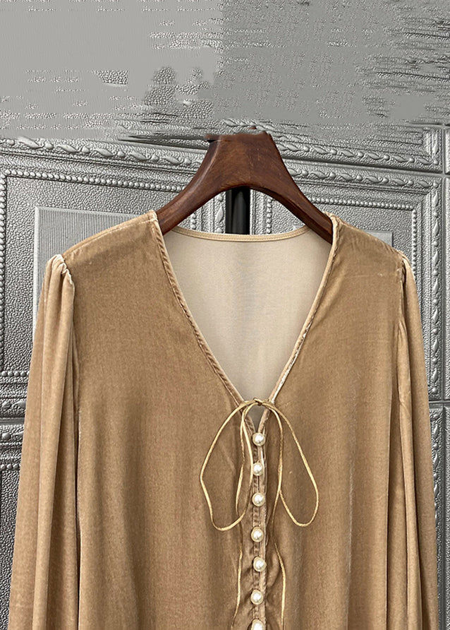 Simple Brown V Neck Pearl Patchwork Silk Velour Top Long Sleeve