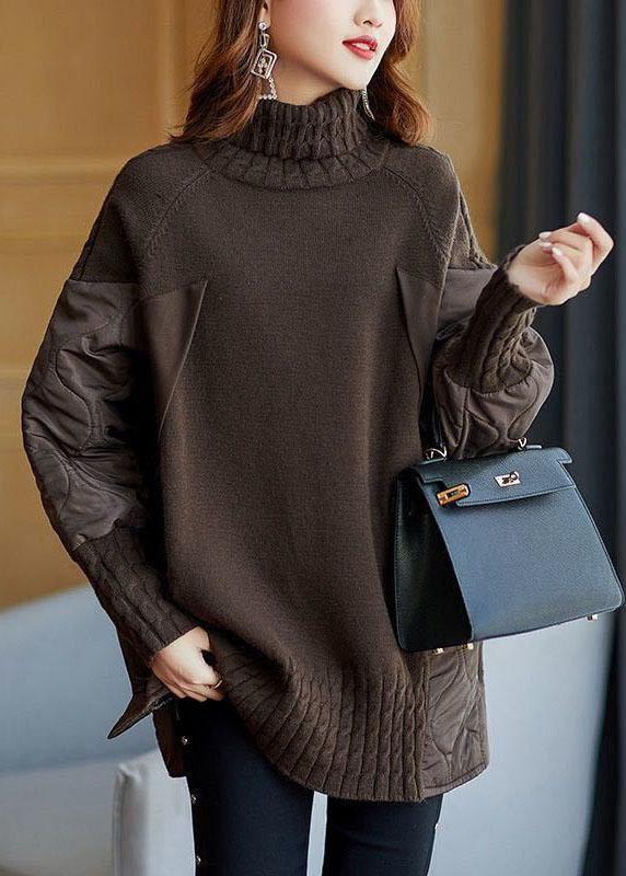 Simple Coffee Turtleneck Patchwork Loose Fall Knit sweaters - Omychic