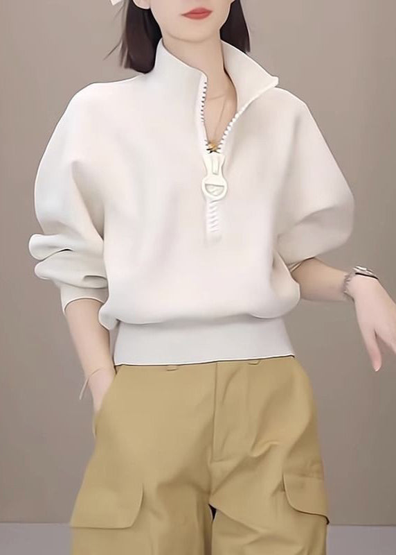 Simple White Stand Collar Zip Up Cotton Sweatshirt Long Sleeve