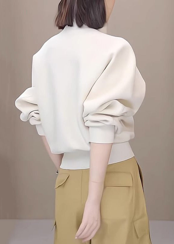 Simple White Stand Collar Zip Up Cotton Sweatshirt Long Sleeve