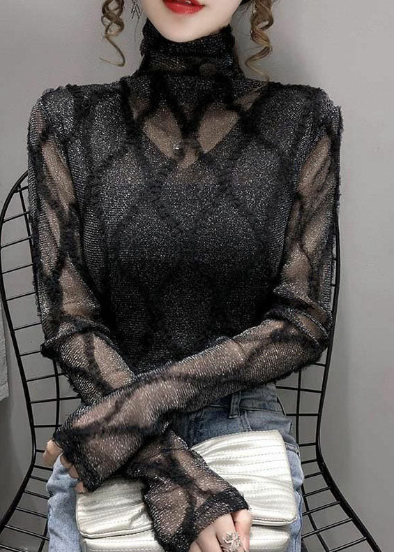 Slim Fit Black Turtle Neck Lace Patchwork Tulle Top Long Sleeve