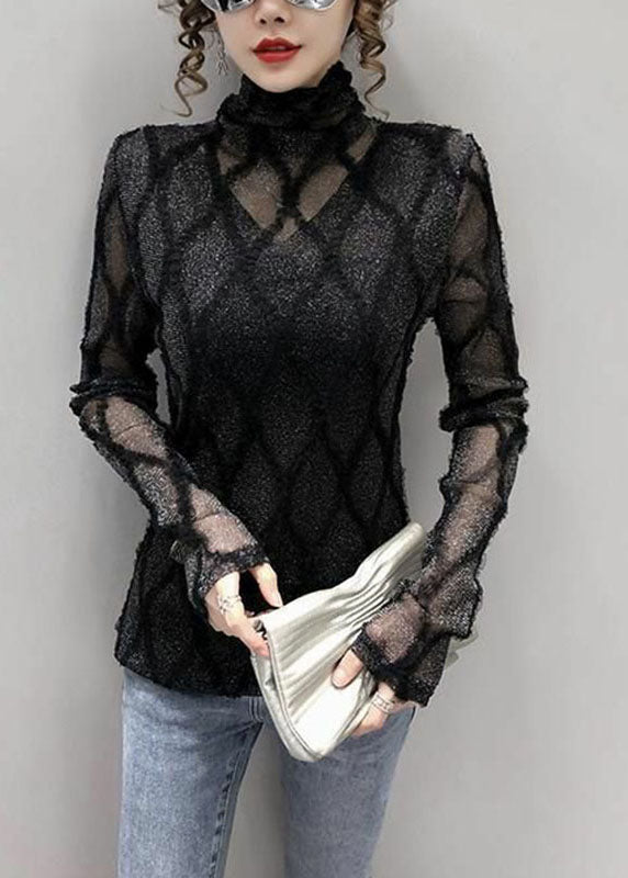 Slim Fit Black Turtle Neck Lace Patchwork Tulle Top Long Sleeve