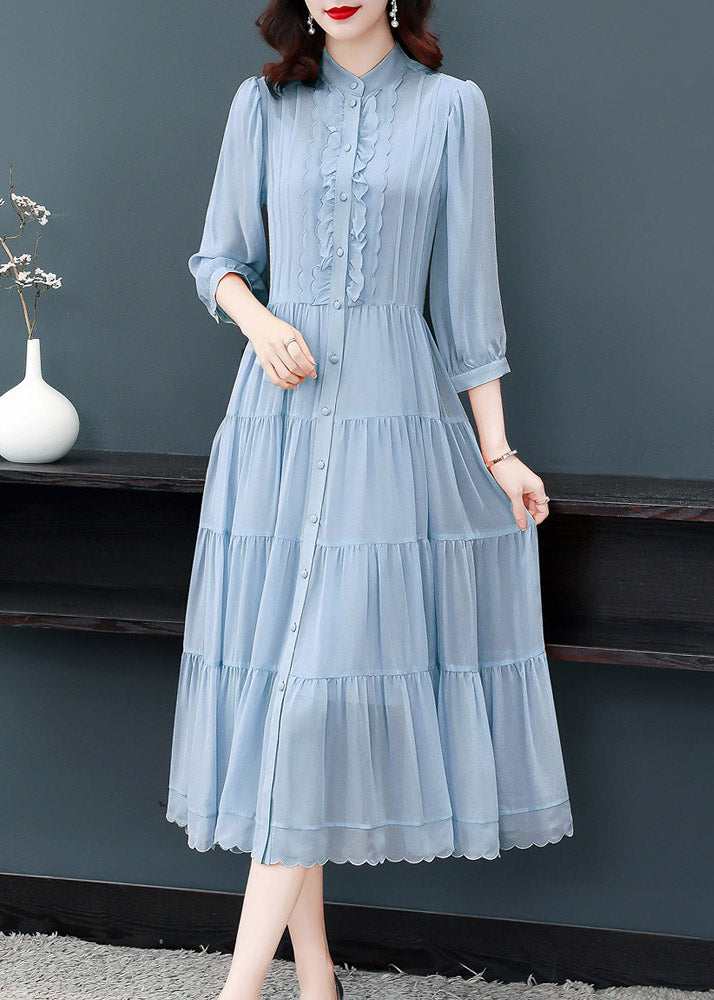 Slim Fit Blue Stand Collar Ruffled Patchwork Silk Maxi Dress Long Sleeve