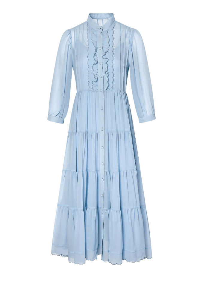 Slim Fit Blue Stand Collar Ruffled Patchwork Silk Maxi Dress Long Sleeve