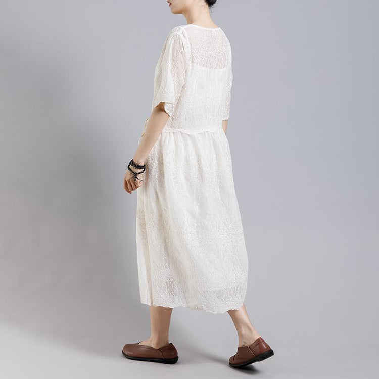 Solid Color Embroidery Casual Dress With Lining - Omychic