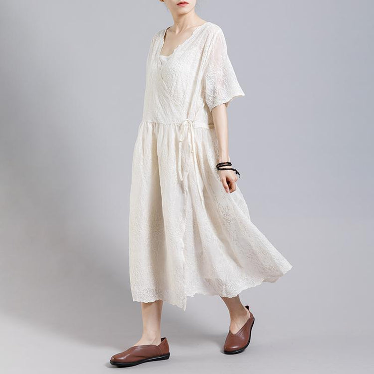 Solid Color Embroidery Casual Dress With Lining - Omychic