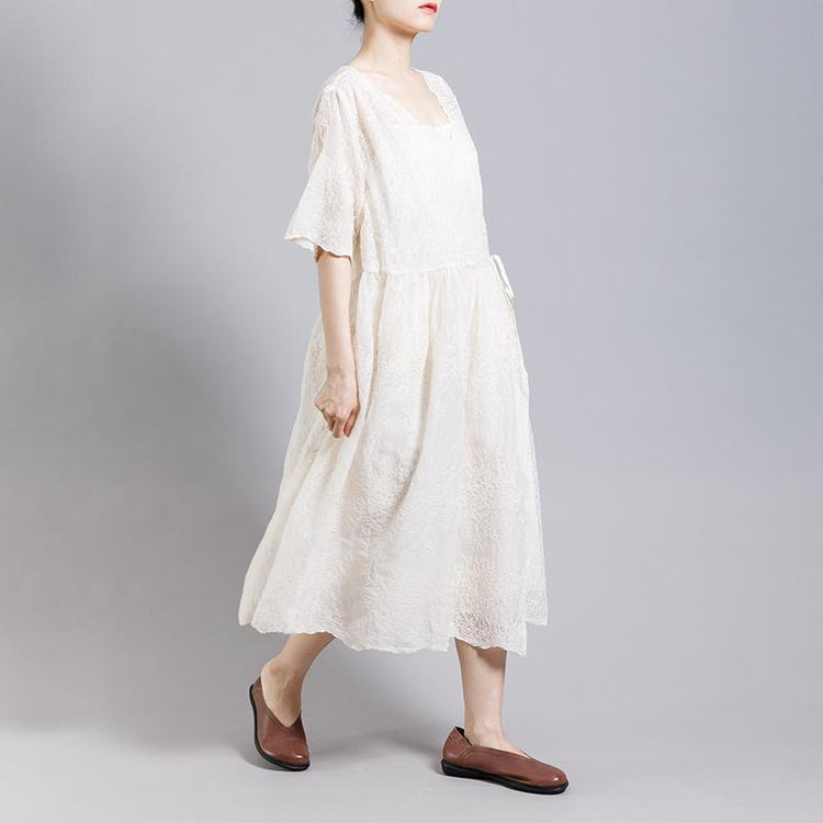 Solid Color Embroidery Casual Dress With Lining - Omychic