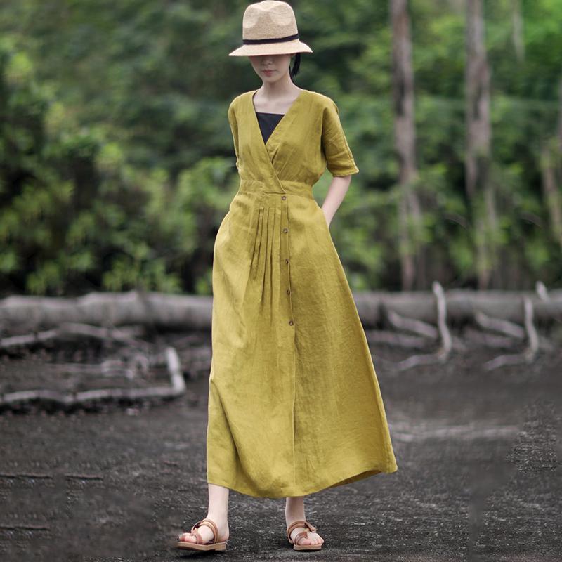 Solid Color Pleated V-Neck Retro Loose Dress - Omychic