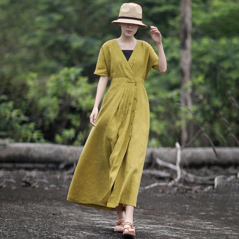 Solid Color Pleated V-Neck Retro Loose Dress - Omychic