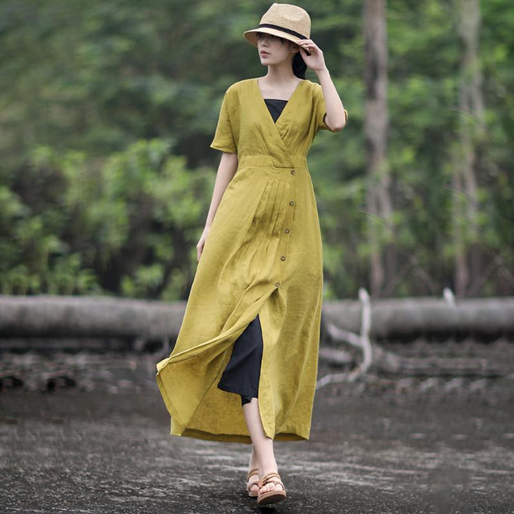 Solid Color Pleated V-Neck Retro Loose Dress - Omychic