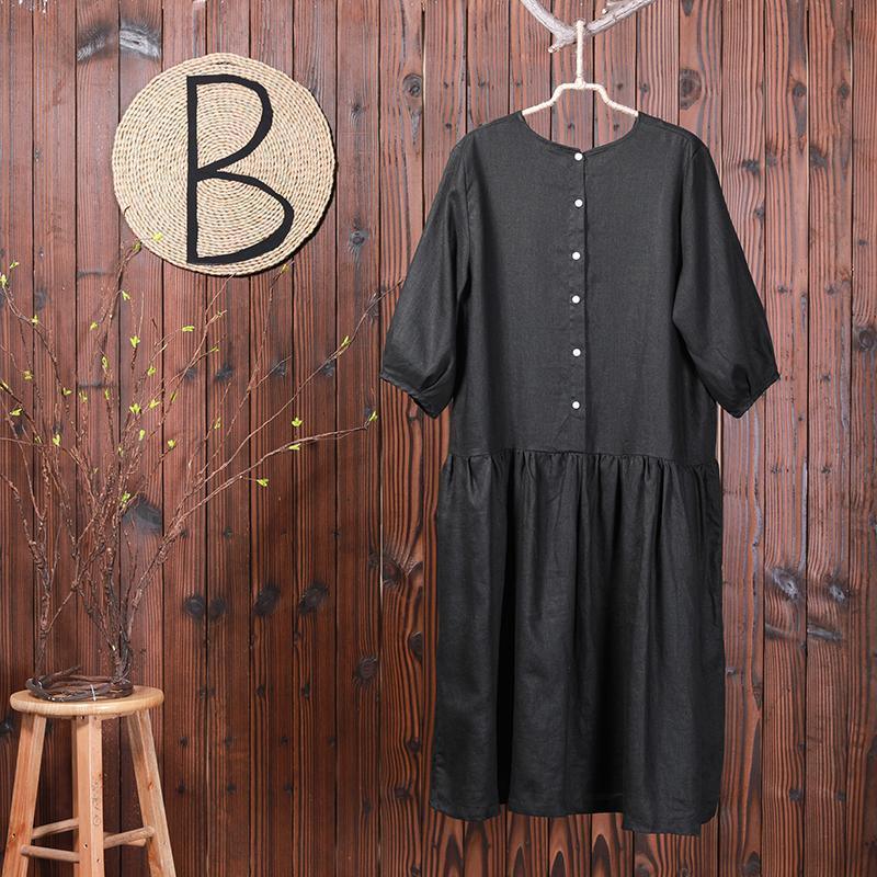 Solid Color Spliced Casual Loose Linen Dress - Omychic