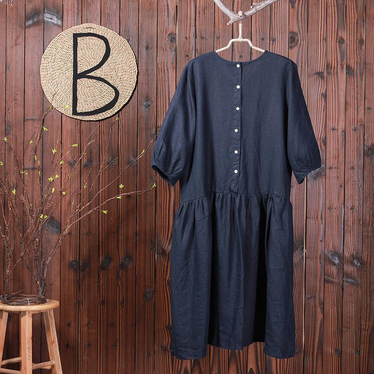 Solid Color Spliced Casual Loose Linen Dress - Omychic