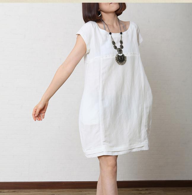 Solid white summer women linen dress plus size cotton sundress