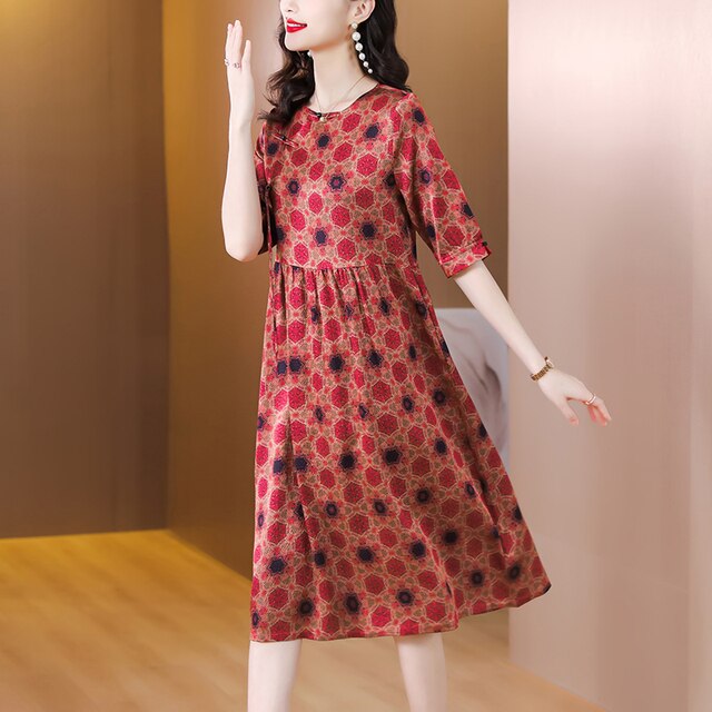 Loose Round Neck Silk Midi Robe Dress