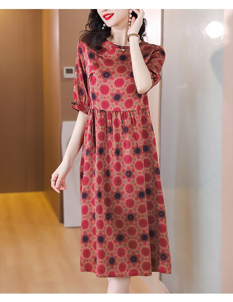 Loose Round Neck Silk Midi Robe Dress