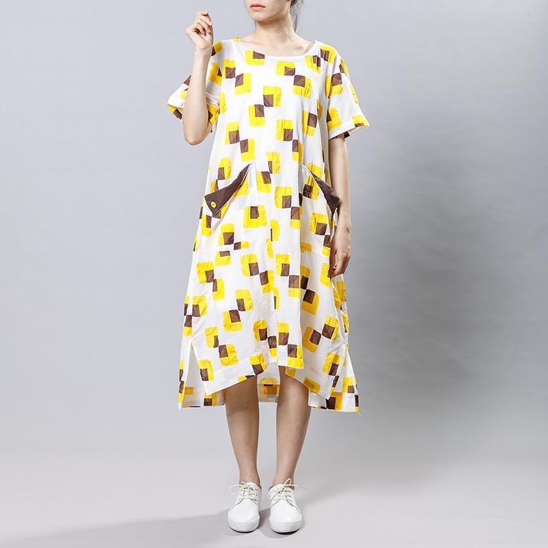 Square Printed Irregular Pockets Loose Dress - Omychic