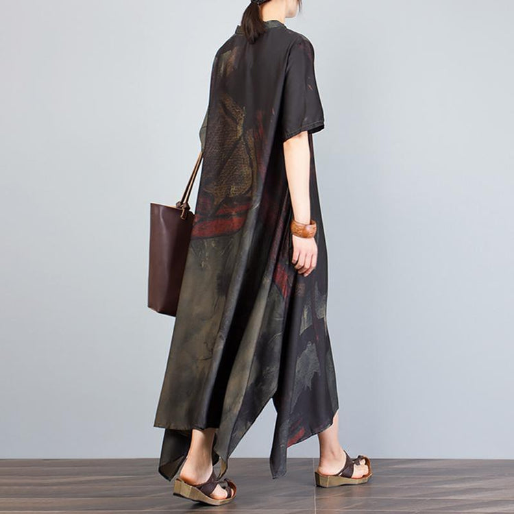 Stand Collar Irregular Loose Print Dress - Omychic