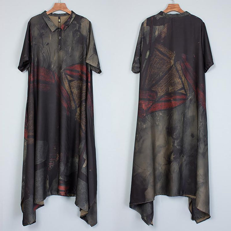 Stand Collar Irregular Loose Print Dress - Omychic