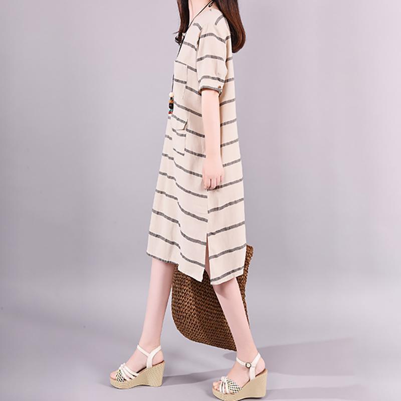 Striped Short Sleeve Elegant Round Collar Dress - Omychic