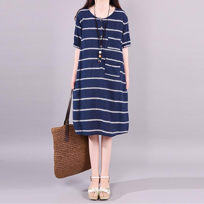 Striped Short Sleeve Elegant Round Collar Dress - Omychic