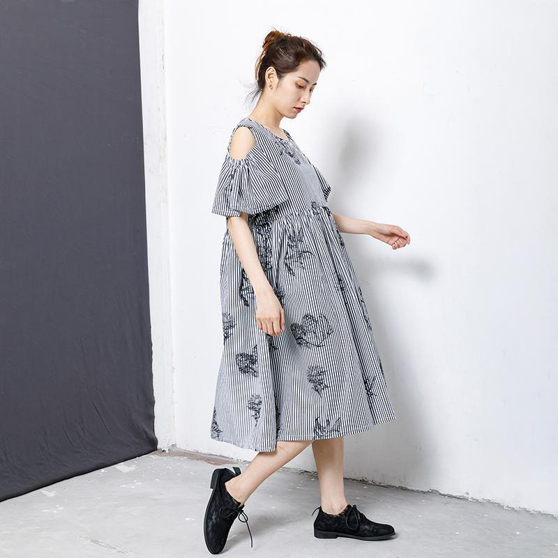 Stripes And Floral Printed Casual Dress - Omychic
