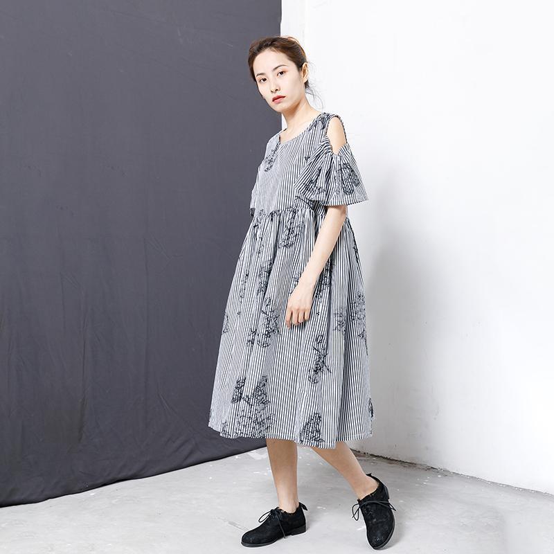 Stripes And Floral Printed Casual Dress - Omychic