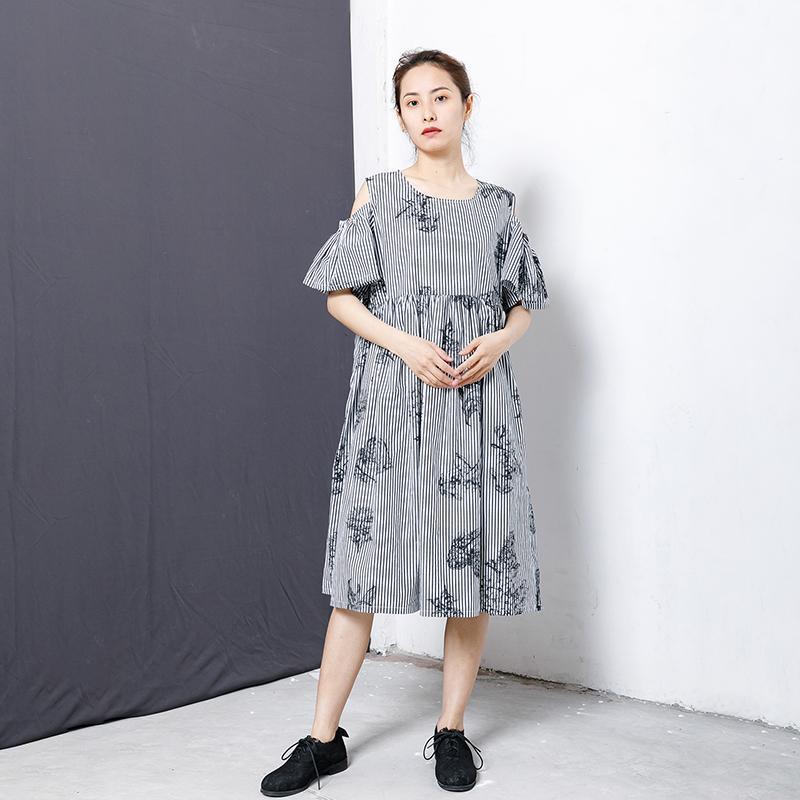 Stripes And Floral Printed Casual Dress - Omychic
