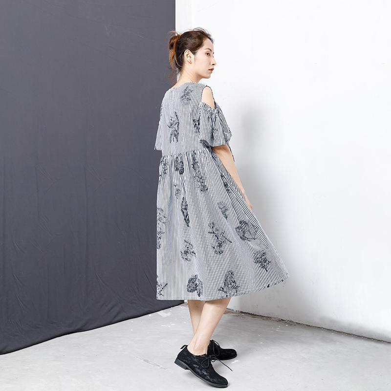 Stripes And Floral Printed Casual Dress - Omychic