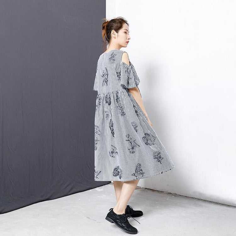 Stripes And Floral Printed Casual Dress - Omychic