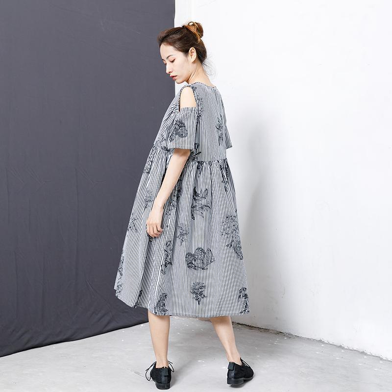 Stripes And Floral Printed Casual Dress - Omychic