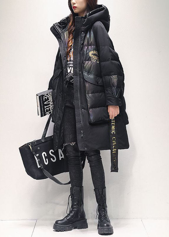 Style Black Hooded Drawstring Warm cotton blend Puffers Jackets Winter