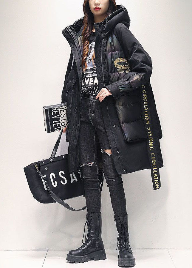 Style Black Hooded Drawstring Warm cotton blend Puffers Jackets Winter