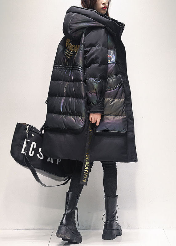 Style Black Hooded Drawstring Warm cotton blend Puffers Jackets Winter