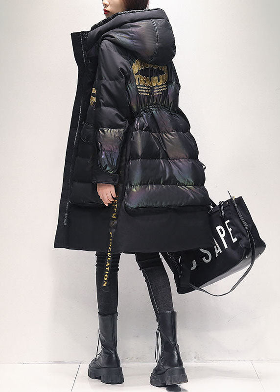 Style Black Hooded Drawstring Warm cotton blend Puffers Jackets Winter