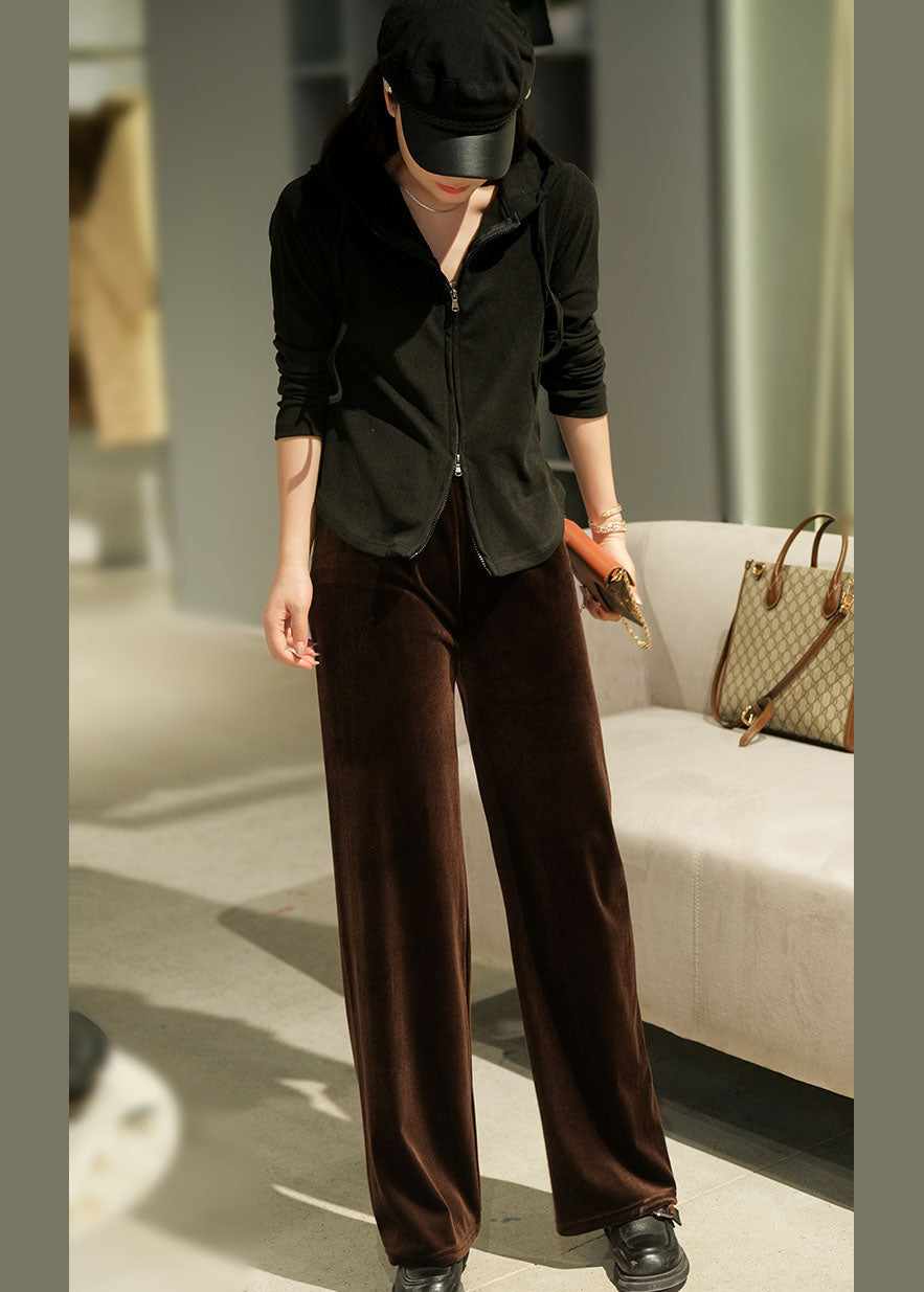 Style Dark Coffee Elastic Waist Draping Silk Velour Wide Leg Pants Winter