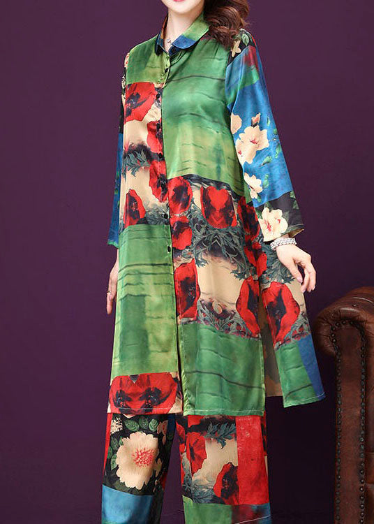 Style Green Peter Pan Collar Print Patchwork Silk Two Pieces Set Summer