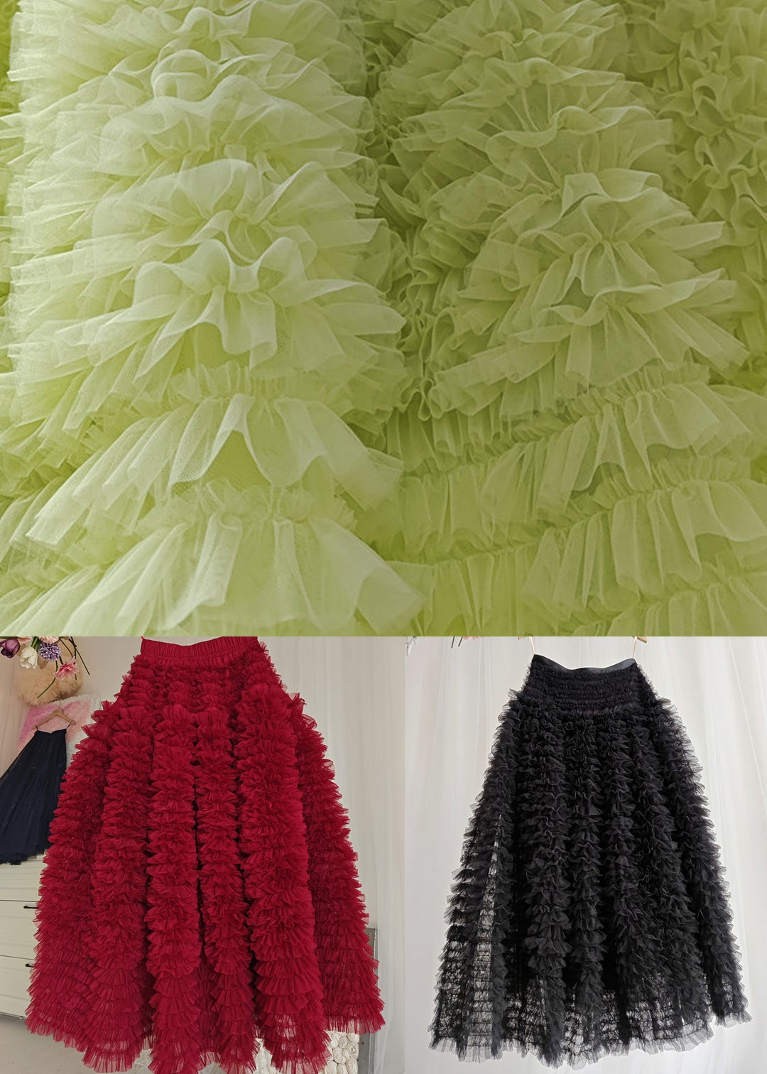 Style Light Green Layered Ruffled Patchwork Tulle Skirt Spring