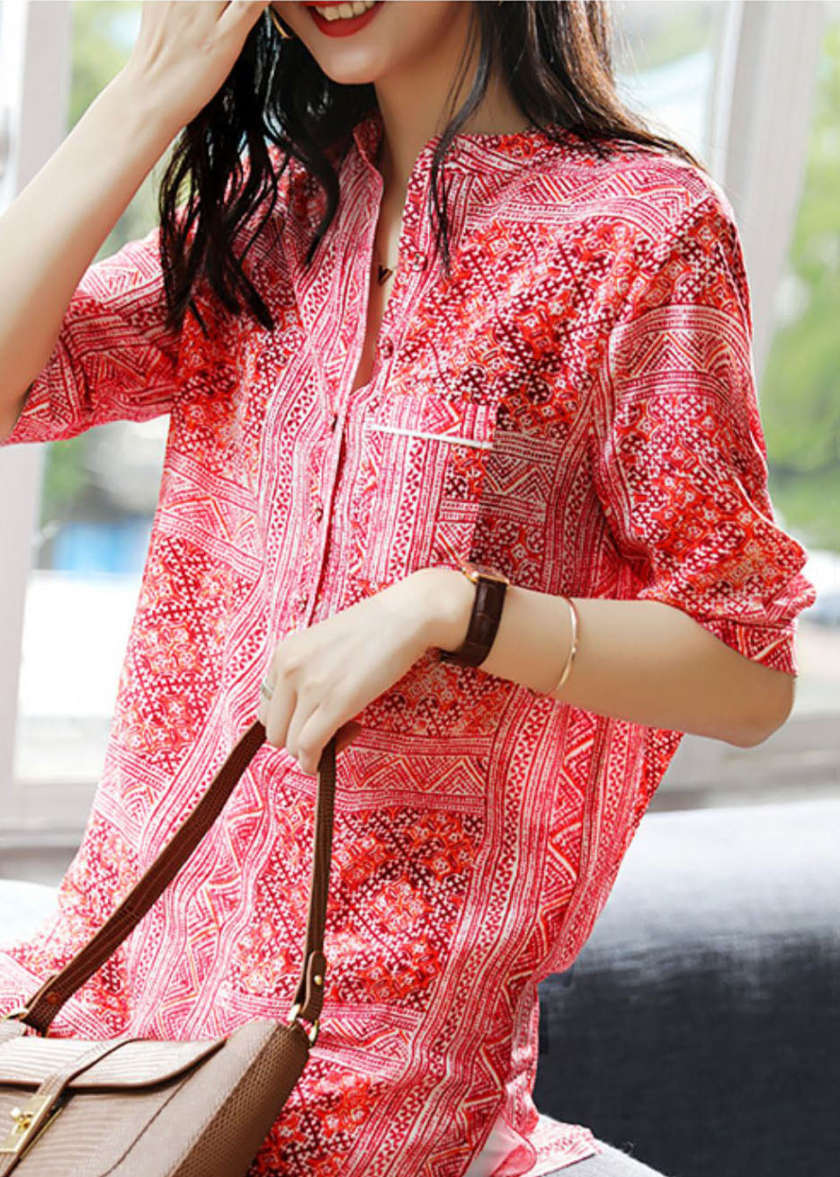 Style Red Stand Collar Print Side Open Silk Shirts Summer