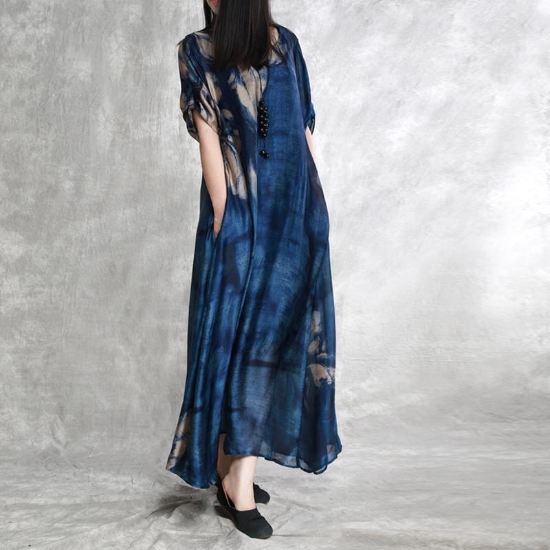 Style o neck pockets Wardrobes Fine Sewing blue print long Dress Summer - Omychic