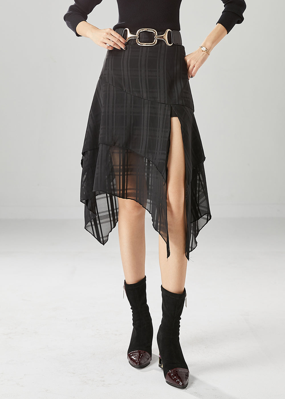Stylish Black Asymmetrical Side Open Chiffon Skirt Summer