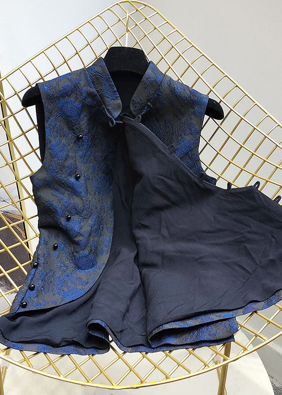 Stylish Blue Stand Collar Jacquard Slim Fit Silk Vest Sleeveless