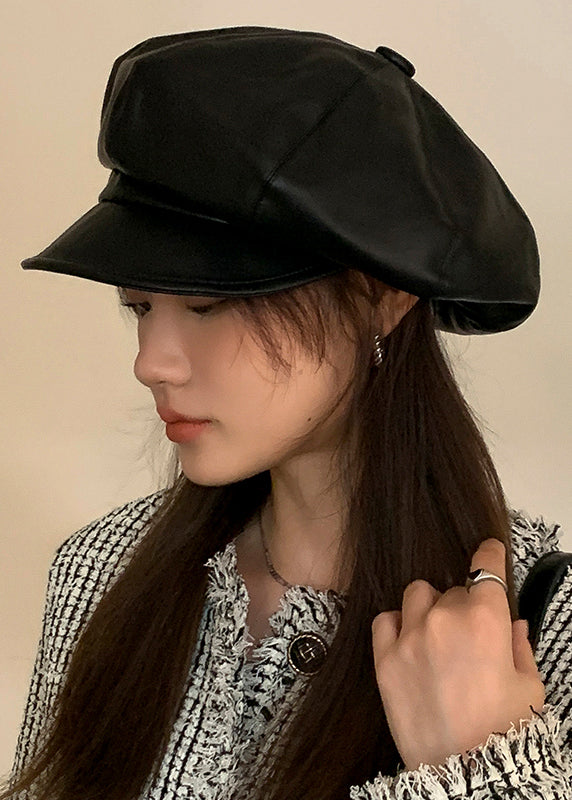Stylish Coffee Patchwork Faux Leather Beret Hat