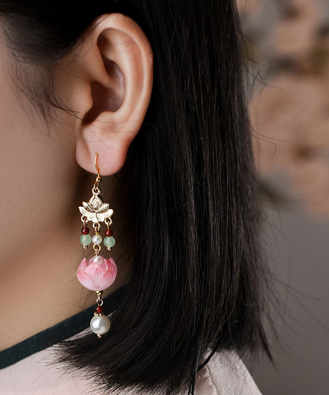 Stylish Gold Overgild Jade Coloured Glaze Lotus Tassel Drop Earrings