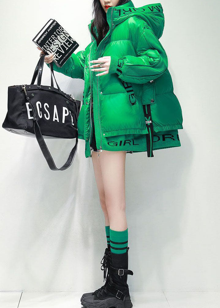 Stylish Green Hooded Patchwork Letter Print Thick Duck Down Down Coats Winter