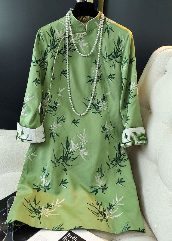 Stylish Green Mandarin Collar Embroidery Slim Fit Silk Dress Spring